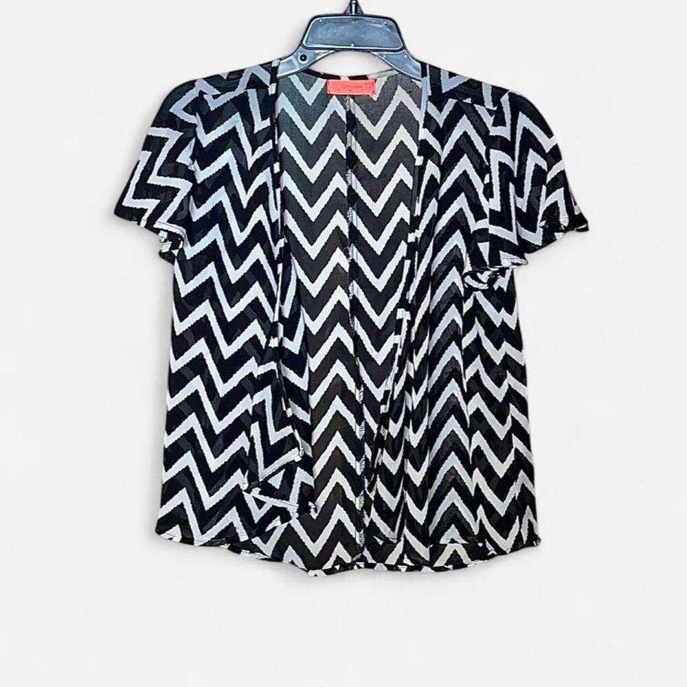 Spoiled Black White Zebra Chevron Sheer Open Short Sleeve Blouse - Size M